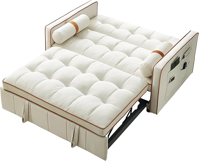 3 in 1 Tufted Sleeper Sofa Cylindrical Pillows,Modern Convertible Loveseat Sofá W Pull Out Sleep Couch Bed and Side Pockets,Velvet Upholstered Love Seat Sofabed for Living Room, 55.5", Beige1 - LeafyLoom