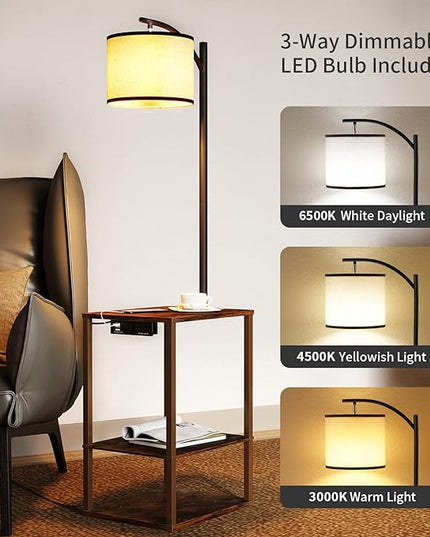 SUNMORY Rustic End Table Lamp with Table, Shelves, Charging Station(USB & AC Port) 3-Color Temperature LED Bulb For Floor, Living Room &, Bedroom(Brown) - LeafyLoom
