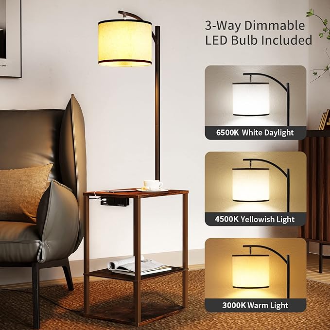 SUNMORY Rustic End Table Lamp with Table, Shelves, Charging Station(USB & AC Port) 3-Color Temperature LED Bulb For Floor, Living Room &, Bedroom(Brown) - LeafyLoom