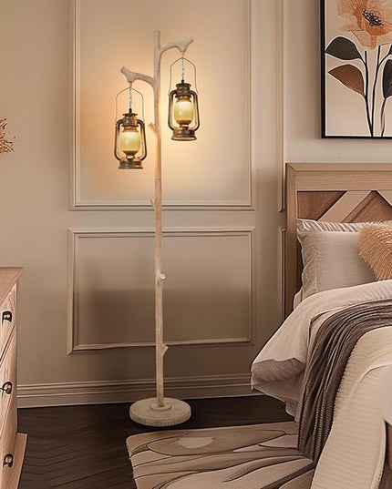 68" Vintage Dimmable Floor Lamp, Standing Lamp with Classical Lanterns, Rustic Tree Trunk LED Tall Corner Lamp with Wood Finish, Western Farmhouse Decor for Living Room Bedroom Office - LeafyLoom