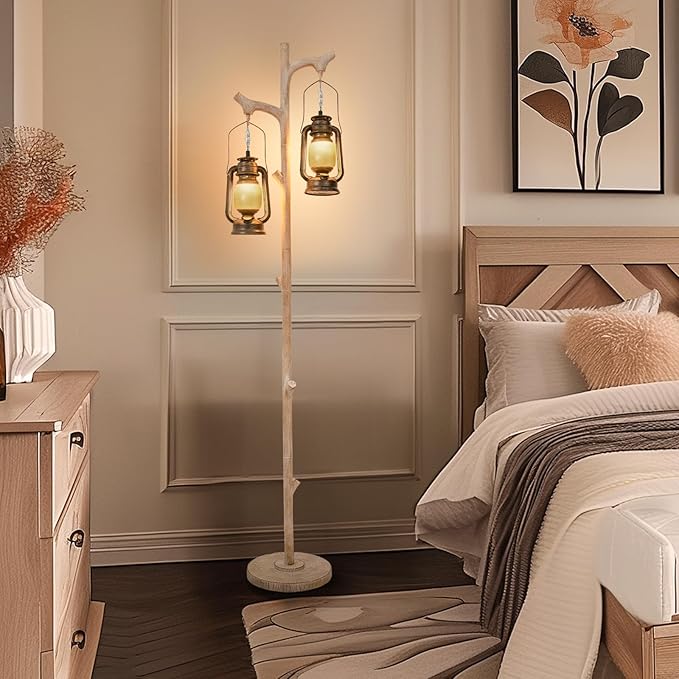 68" Vintage Dimmable Floor Lamp, Standing Lamp with Classical Lanterns, Rustic Tree Trunk LED Tall Corner Lamp with Wood Finish, Western Farmhouse Decor for Living Room Bedroom Office - LeafyLoom