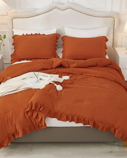 Andency Terracotta Ruffle Comforter Full(79x90Inch), 3 Pieces(1 Ruffled Comforter and 2 Pillowcases) Solid Farmhouse Shabby Chic Comforter, Vintage Rustic Soft Microfiber Bedding Set - LeafyLoom