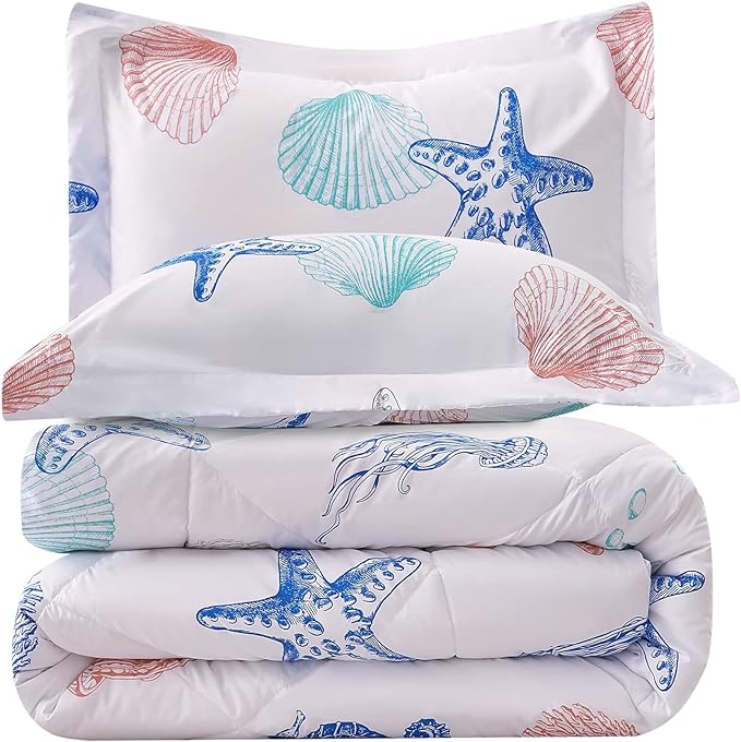 JSD Beach Theme 3 Piece Full Kids Comforter Set, Jellyfish Starfish Shell Printed Comforter with Pillow Sham, Soft Comfortable Machine Washable - LeafyLoom