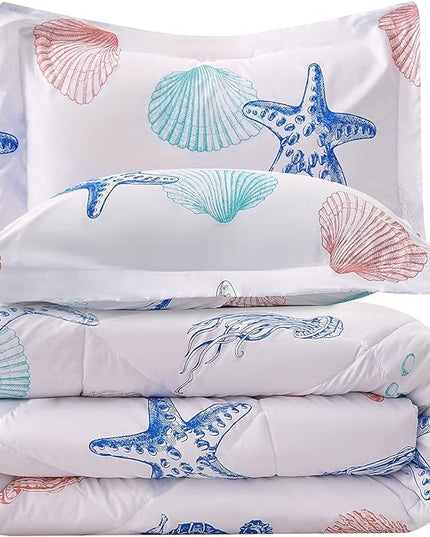 JSD Beach Theme 2 Piece Twin Kids Comforter Set, Jellyfish Starfish Shell Printed Comforter with Pillow Sham, Soft Comfortable Machine Washable - LeafyLoom