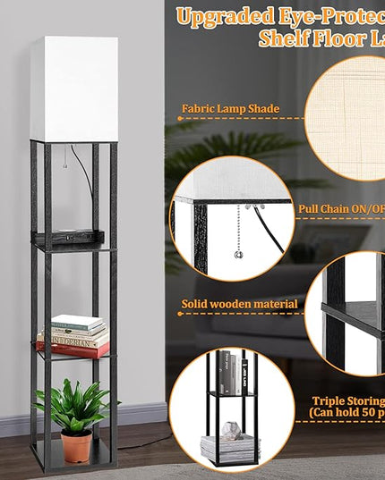Dott Arts Floor Lamp with Shelves, Shelf Lamp with Wireless Charger & USB A+C Ports & 2 AC Outlets,3 Color Temperature Corner Tall Standing Floor Lamps for Living Room, Bedroom, Office (Black) - LeafyLoom