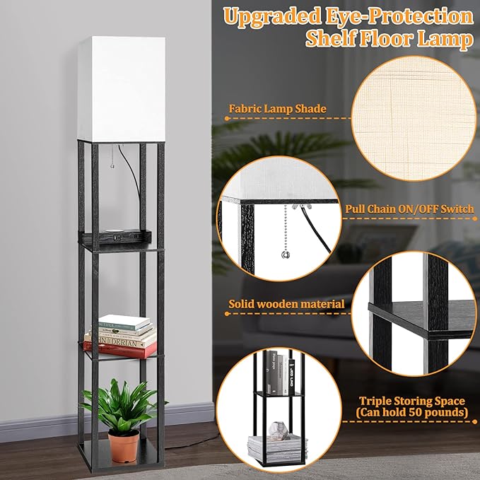 Dott Arts Floor Lamp with Shelves, Shelf Lamp with Wireless Charger & USB A+C Ports & 2 AC Outlets,3 Color Temperature Corner Tall Standing Floor Lamps for Living Room, Bedroom, Office (Black) - LeafyLoom