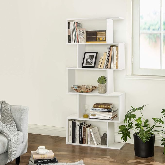 VASAGLE Wooden Bookcase, Display Shelf and Room Divider, Freestanding Decorative Storage Shelving, 5-Tier Bookshelf, White - LeafyLoom