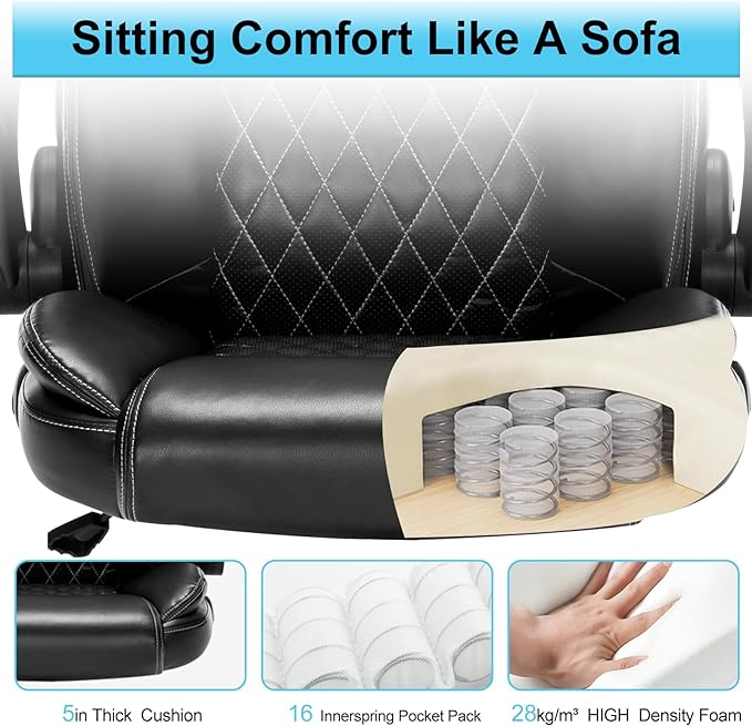 Office Chair Desk Chair High Back Computer Chair - Adjustable Lumbar Support with Flip-Up Arms PU Leather Chair with Spring Cushion - LeafyLoom