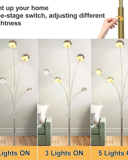 DLLT 5-Light Arc Floor Lamp, 86.6" Chrome Floor Lamps for Living Room, Multi-Head LED Standing Tall Lamp with Adjustable Arms, Modern Tree Floor Lamp for Bedroom, Study, Office, E12 Bulbs Included - LeafyLoom