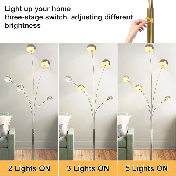 DLLT 5-Light Arc Floor Lamp, 86.6" Chrome Floor Lamps for Living Room, Multi-Head LED Standing Tall Lamp with Adjustable Arms, Modern Tree Floor Lamp for Bedroom, Study, Office, E12 Bulbs Included - LeafyLoom