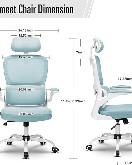 Office Chair, Ergonomic Office Chair Desk Chair with Headrest, High Back Mesh Computer Chairs for Home Office with Adjustable Back Support, 350lbs Comfortable Blue Office Chair, Tilt Lock - LeafyLoom