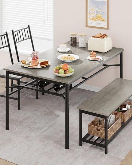 Dining Table Set for 4, Kitchen Table Chairs for 4 with Wine Rack, Dining Room Table Set with Sturdy Bench, Rectangular Kitchen Table Set for Small Space, Apartment, Studio, Rustic Gray - LeafyLoom