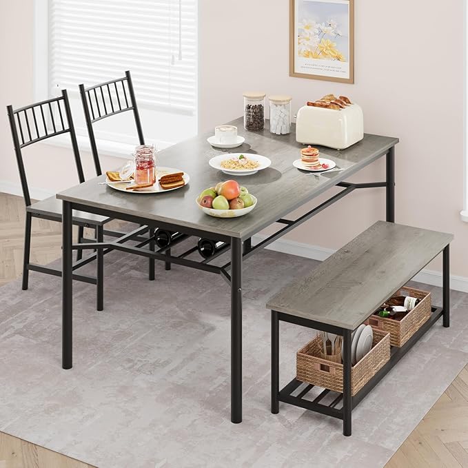 Dining Table Set for 4, Kitchen Table Chairs for 4 with Wine Rack, Dining Room Table Set with Sturdy Bench, Rectangular Kitchen Table Set for Small Space, Apartment, Studio, Rustic Gray - LeafyLoom