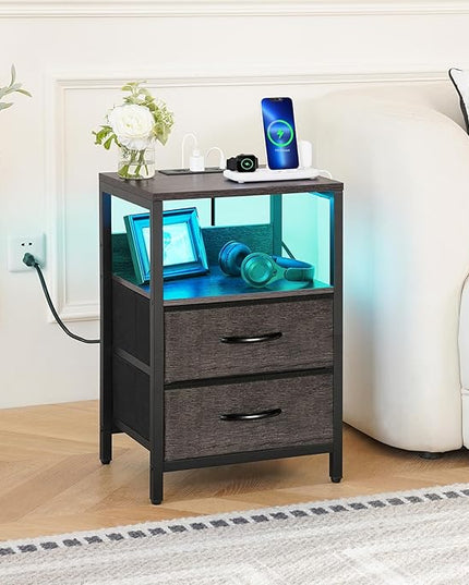 Yoobure Nightstand with Charging Station, LED Night Stand with Fabric Drawers and Storage Shelf for Bedroom, Nightstands Bedside Tables with USB Ports & Outlets, Small Night Stands, Bed Side Table - LeafyLoom