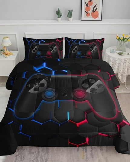 Axolotl Gamer Comforter Sets Full,Geometric Honeycomb Gaming Bedding Sets,Video Games Comforter,Gaming Bedding Set,Game Console Comforter Set for Kids Boys Girls Teens,1 Quilt 2 Pillowcases,Blue Red - LeafyLoom