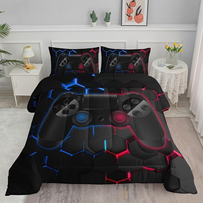 Axolotl Gamer Comforter Sets Full,Geometric Honeycomb Gaming Bedding Sets,Video Games Comforter,Gaming Bedding Set,Game Console Comforter Set for Kids Boys Girls Teens,1 Quilt 2 Pillowcases,Blue Red - LeafyLoom