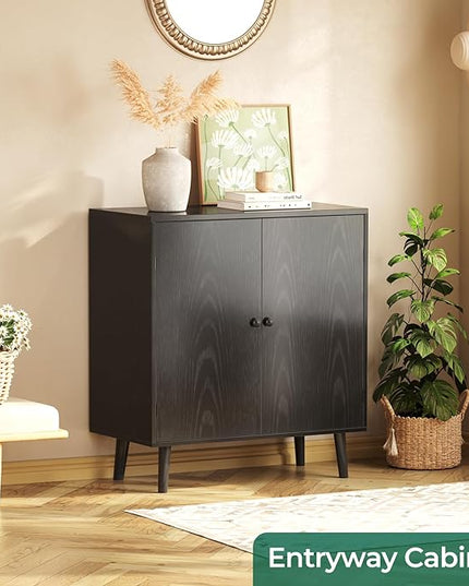Buffet Cabinet with Storage, Storage Cabinet with 2 Doors, Black Cabinet with Solid Wood Feet, Sideboard Cabinet Accent Cabinet, for Kitchen, Entryway, Living Room - LeafyLoom