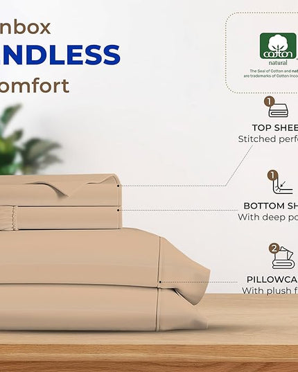 THREAD SPREAD 600 Thread Count Sheets Queen - 100% Egyptian Cotton Sheets Queen Size, 4 PC Luxury Sheets Queen Size, Soft, Sateen Cooling, Extra Long Staple 16" Deep Pocket Queen Bed Sheet Set - Taupe - LeafyLoom