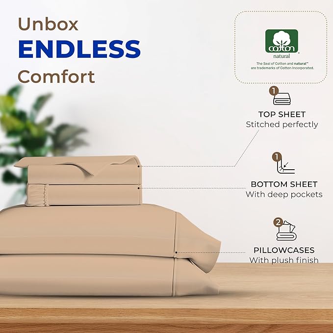THREAD SPREAD 600 Thread Count Sheets Queen - 100% Egyptian Cotton Sheets Queen Size, 4 PC Luxury Sheets Queen Size, Soft, Sateen Cooling, Extra Long Staple 16" Deep Pocket Queen Bed Sheet Set - Taupe - LeafyLoom