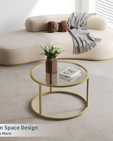 SAYGOER Small Glass Coffee Table Round Gold Coffee Table for Small Space Modern Simple Center Table with Gold Frame for Living Room Home Office, Easy Assembly - LeafyLoom