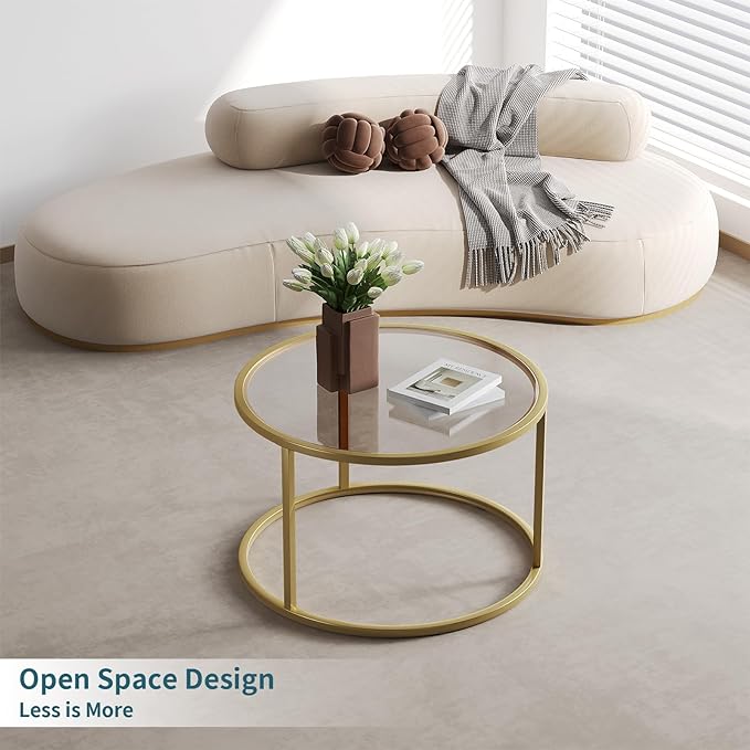 SAYGOER Small Glass Coffee Table Round Gold Coffee Table for Small Space Modern Simple Center Table with Gold Frame for Living Room Home Office, Easy Assembly - LeafyLoom
