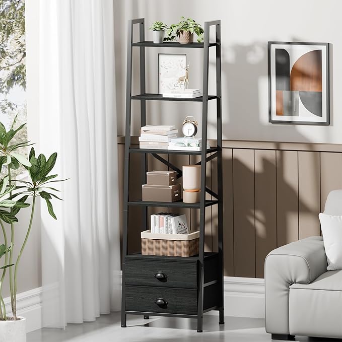 Furologee 5-Tier Ladder Shelf with 2 Drawers,Narrow Bookshelf Storage Shelves,Industrial Bookcase Freestanding Shelf Units for Bedroom,Living Room,Bathroom,Home Office,Balcony,Wood Metal, Black Oak - LeafyLoom