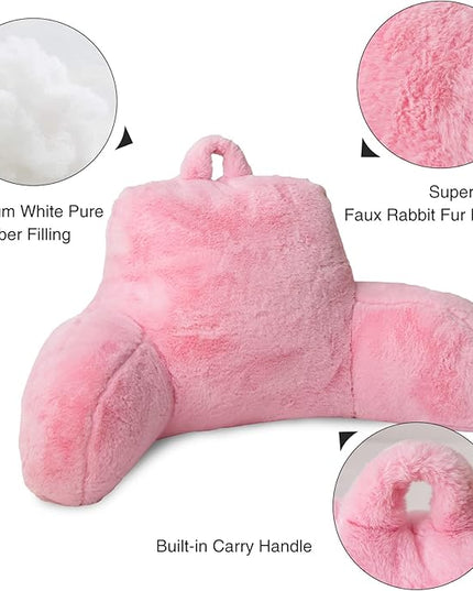 Aimuan Reading Pillow Bed Rest Pillow with Arms Rabbit Fur Cushion for Adults Teens Incline Rest Sitting up & Sleeping Snoring Pillow with Pregnancy Lumbar Back Support (Standard, Pink) - LeafyLoom