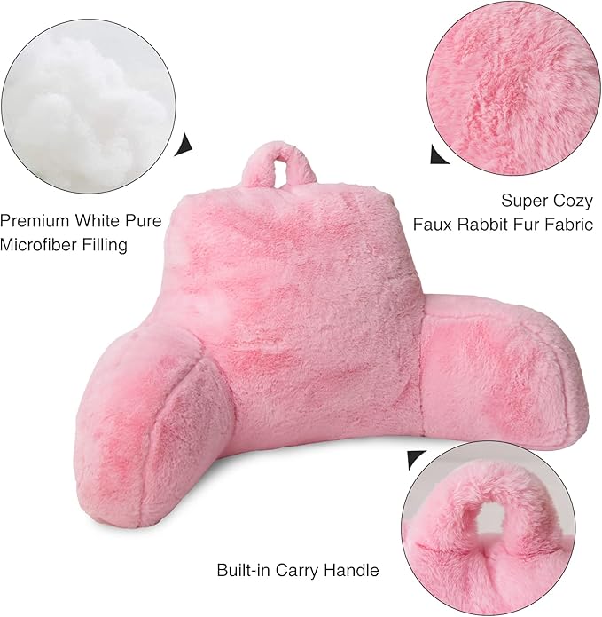 Aimuan Reading Pillow Bed Rest Pillow with Arms Rabbit Fur Cushion for Adults Teens Incline Rest Sitting up & Sleeping Snoring Pillow with Pregnancy Lumbar Back Support (Standard, Pink) - LeafyLoom