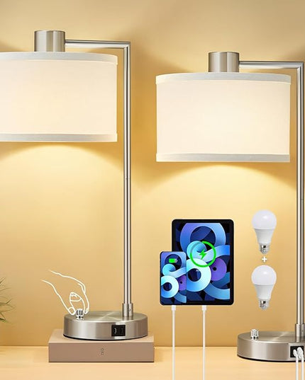 Luvkczc Table Lamp for Bedroom Set of 2 with USB C+A Ports - Fully Stepless Dimmable Bedside Lamp with Linen Lampshade - Contemporary Lamp for Living Room Reading Office, 2 LED Bulbs Included (Silver) - LeafyLoom