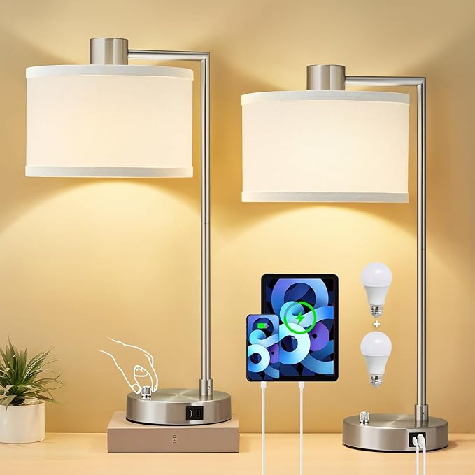 Luvkczc Table Lamp for Bedroom Set of 2 with USB C+A Ports - Fully Stepless Dimmable Bedside Lamp with Linen Lampshade - Contemporary Lamp for Living Room Reading Office, 2 LED Bulbs Included (Silver) - LeafyLoom