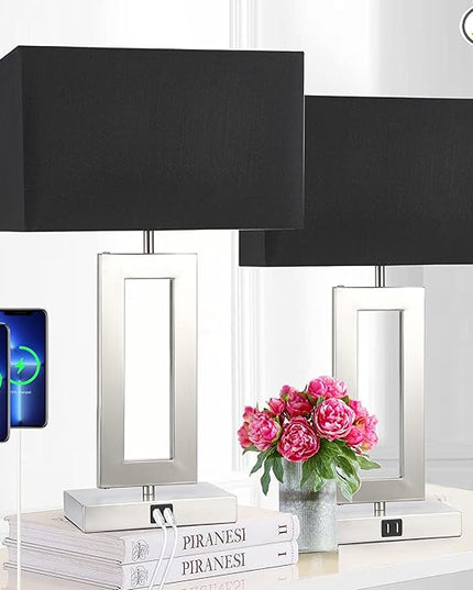 22'' Set of 2 Black Touch Table Lamps with 2 USB Ports, 3-Way Dimmable Touch Lamps for Bedroom Bedside Nightstand, Modern Brushed Nickel Lamps for Living Room End Table, LED Bulbs Included - LeafyLoom
