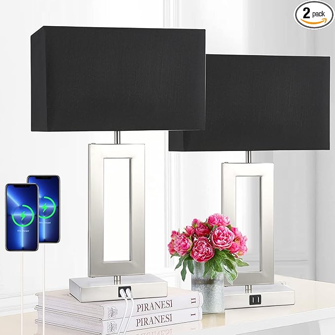 22'' Set of 2 Black Touch Table Lamps with 2 USB Ports, 3-Way Dimmable Touch Lamps for Bedroom Bedside Nightstand, Modern Brushed Nickel Lamps for Living Room End Table, LED Bulbs Included - LeafyLoom