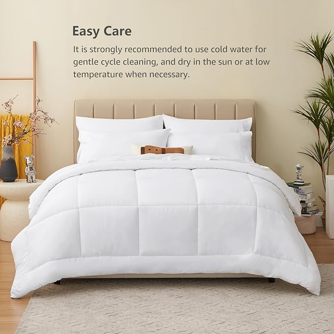 CozyLux Queen Comforter Set - 7 Pieces Bed in a Bag Set White, Bedding Sets Queen with All Season Quilted Comforter, Flat Sheet, Fitted Sheet, Pillowcases, White, Queen - LeafyLoom