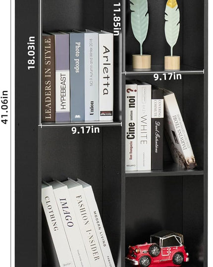YAHARBO 5 Cube Black Bookshelf,Small Modern Horizontal Bookcase,Wood Floor Standing Low Bookshelves Display Storage Cabinet with Base, Short Book Shelf Open Organizer for Bedroom,Living Room,Office - LeafyLoom