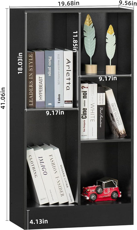 YAHARBO 5 Cube Black Bookshelf,Small Modern Horizontal Bookcase,Wood Floor Standing Low Bookshelves Display Storage Cabinet with Base, Short Book Shelf Open Organizer for Bedroom,Living Room,Office - LeafyLoom