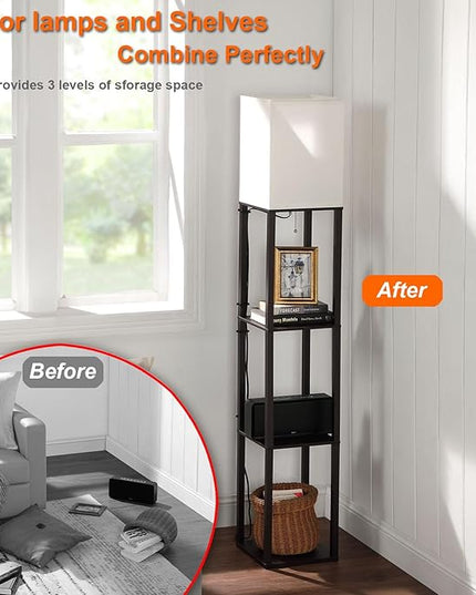 Floor Lamp with Shelves, Shelf Floor Lamps for Living Room with 3CCT LED Bulb, Modern Corner Square Display Standing Lamp with 4-Tier Tall Bookshelf Lamp for Bedroom Office - LeafyLoom