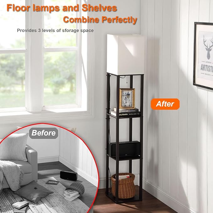 Floor Lamp with Shelves, Shelf Floor Lamps for Living Room with 3CCT LED Bulb, Modern Corner Square Display Standing Lamp with 4-Tier Tall Bookshelf Lamp for Bedroom Office - LeafyLoom