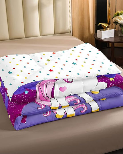 Girls Unicorn Comforter Set King Girls Bedding Set Cute Rainbow Unicorn Print Down Comforter Kids Cartoon Kawaii Duvet Set Galaxy Stars Fantasy Girls Room Decor Children Unicorn Reversible Purple - LeafyLoom