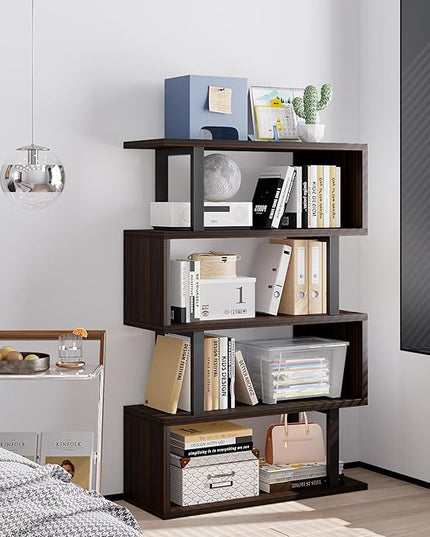 Bookshelf geometric bookcase S Shaped industrial bookshelf Storage Display Stand Shelf for Living Room Bedroom and office Room (Black, 4 Tier) - LeafyLoom