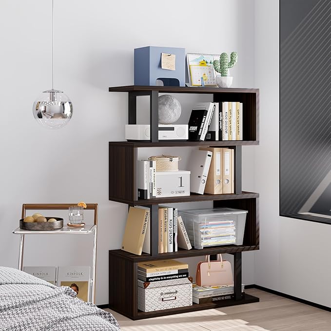 Bookshelf geometric bookcase S Shaped industrial bookshelf Storage Display Stand Shelf for Living Room Bedroom and office Room (Black, 4 Tier) - LeafyLoom