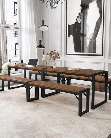 Allewie 3-Piece Kitchen Dining Table Sets with Benches, Sturdy Triangle Structure, Space-Saving, Multifunctional for Dining Room/Living Room/Studio, Dark Brown & Black - LeafyLoom