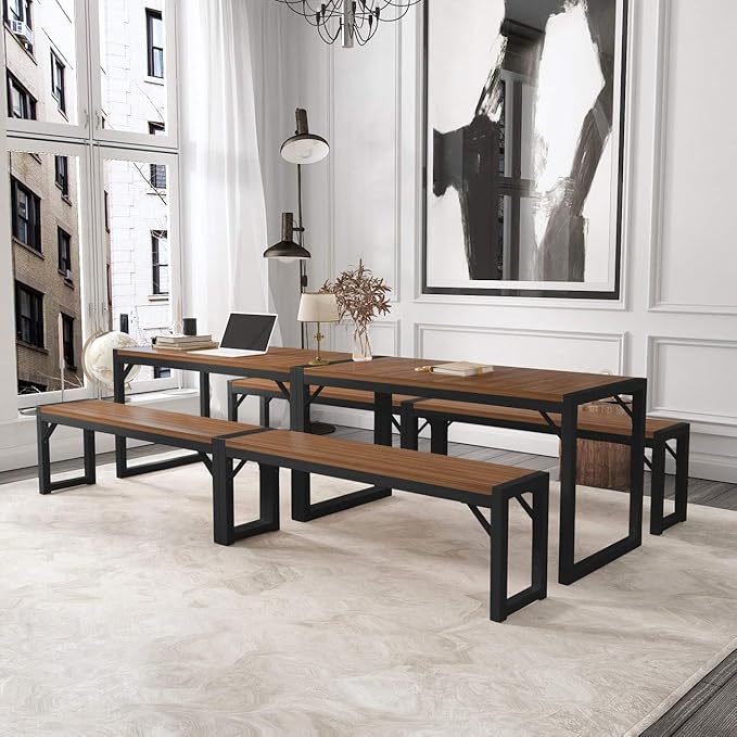 Allewie 3-Piece Kitchen Dining Table Sets with Benches, Sturdy Triangle Structure, Space-Saving, Multifunctional for Dining Room/Living Room/Studio, Dark Brown & Black - LeafyLoom