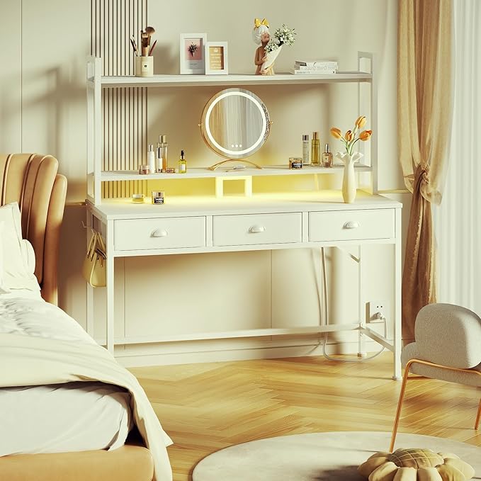 Furologee White Gaming Desk with Power Outlet and LED Light, 47" Computer Desk with 3 Fabric Drawers, Home Office Desk with Monitor Stand and Hutch for Small Space Working, Study Table with Shelf - LeafyLoom