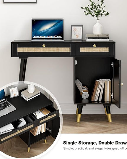 Anmytek Rattan Vanity Desk with Drawers and Storage, Black Makeup Vanity Table Modern Home Office Desk Computer Desk for Study D0005 - LeafyLoom