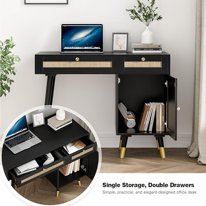 Anmytek Rattan Vanity Desk with Drawers and Storage, Black Makeup Vanity Table Modern Home Office Desk Computer Desk for Study D0005 - LeafyLoom