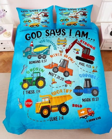 Boys Construction Vehicles Truck Comforter Set Queen,Christian Kids God Says I Am Construction Bedding Set,Car Excavator Tractor Bedroom Set（1 Comforter 2 Pillowcase） Blue - LeafyLoom