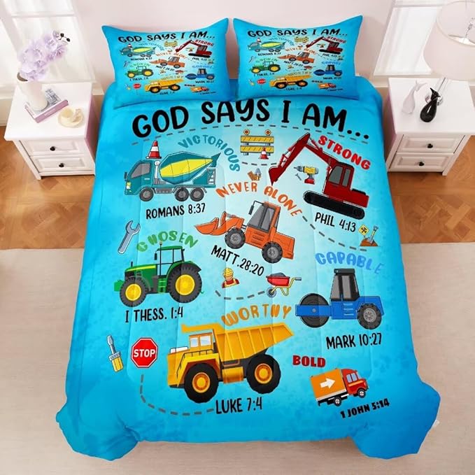 Boys Construction Vehicles Truck Comforter Set Queen,Christian Kids God Says I Am Construction Bedding Set,Car Excavator Tractor Bedroom Set（1 Comforter 2 Pillowcase） Blue - LeafyLoom