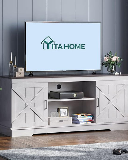 YITAHOME TV Stand for 65 Inch TV, Farmhouse Entertainment Center with Double Barn Doors and Storage Cabinets, Rustic TV Cabinet Media Console Table for Living Room, 59 Inch, Grey White/Espresso - LeafyLoom