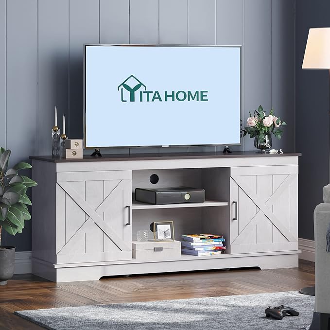 YITAHOME TV Stand for 65 Inch TV, Farmhouse Entertainment Center with Double Barn Doors and Storage Cabinets, Rustic TV Cabinet Media Console Table for Living Room, 59 Inch, Grey White/Espresso - LeafyLoom