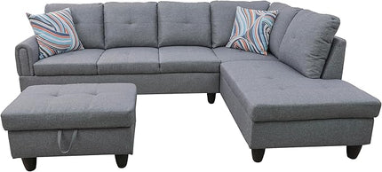 ROOMTEC Button Modern L Shape Sectional Sofa Set, Upholstered Corner Couch with Storage Ottoman, Linen Tufted Cushions, for Living Room, Apartment, 97inch, Grey w/Right Chaise Lounge - LeafyLoom